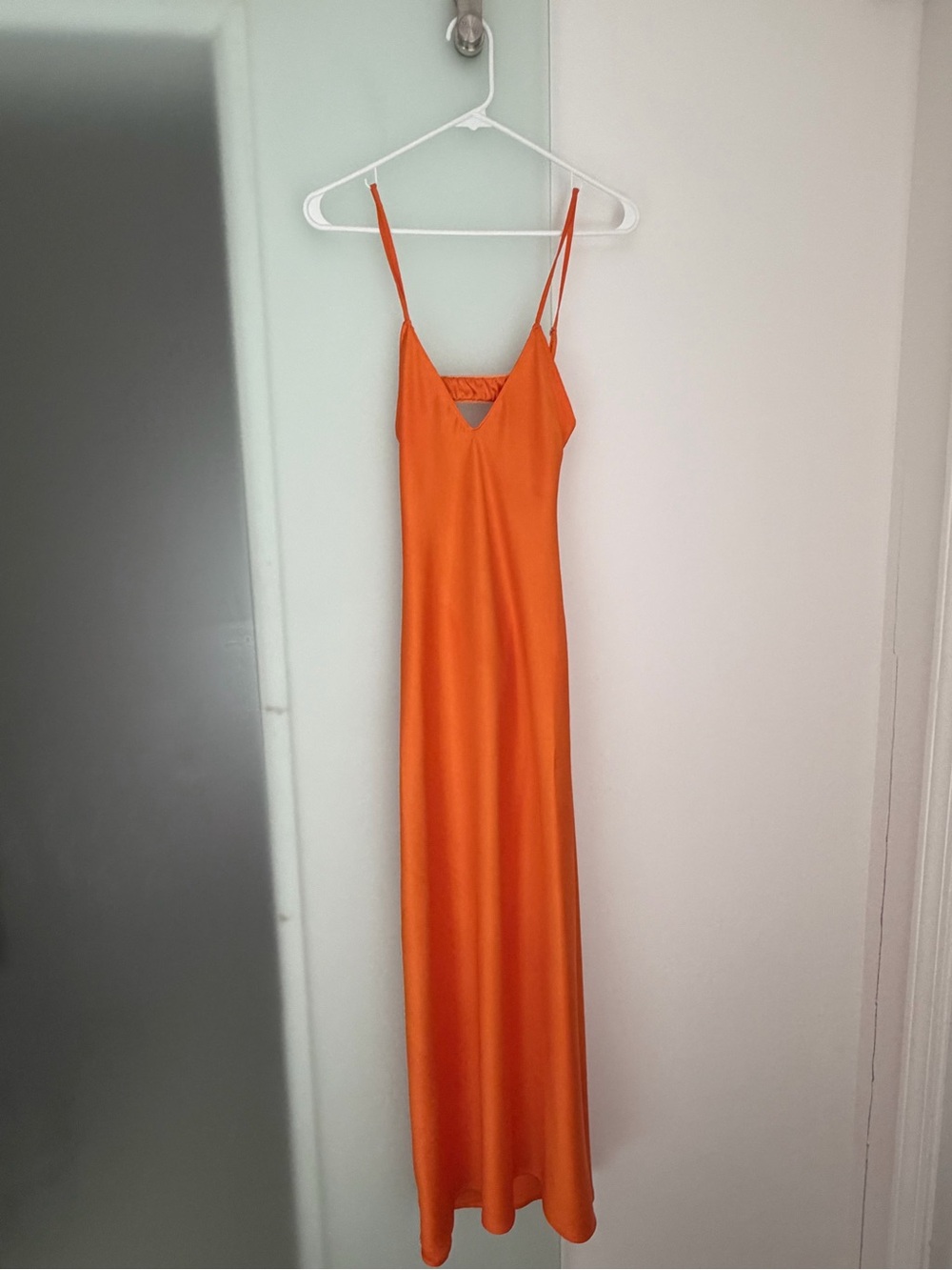 Zara Orange Satin Maxi Slip Dress with Thin Straps